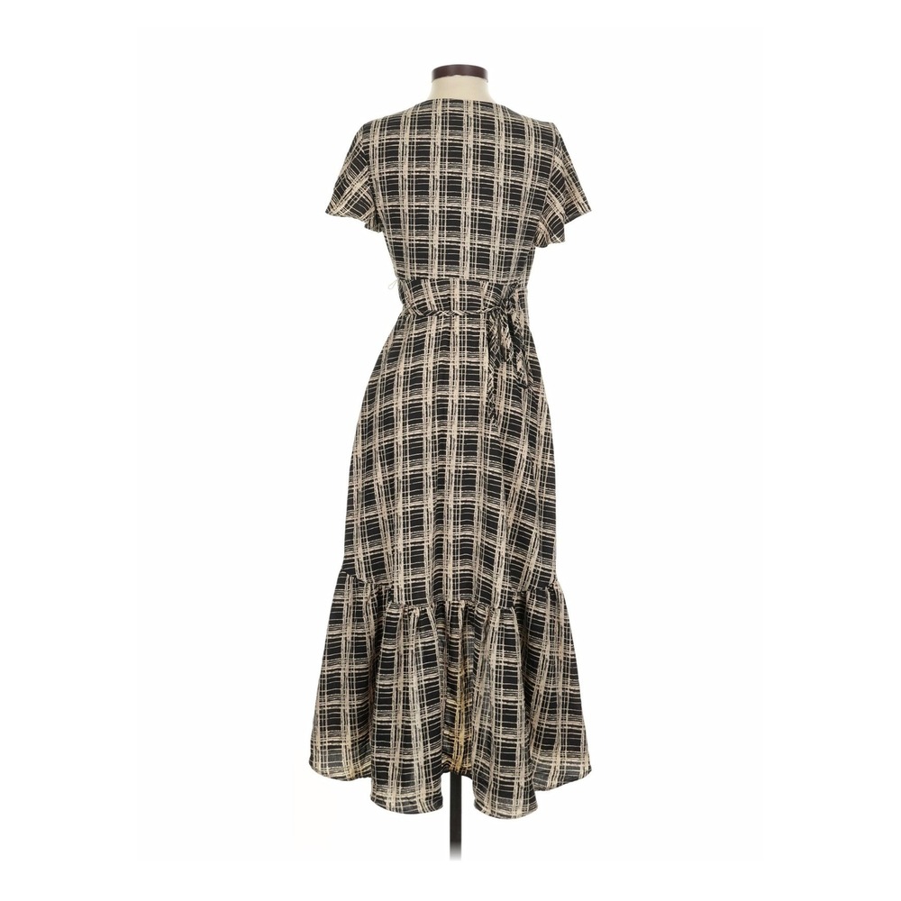 Urban Outfitters Black Cream Plaid Wrap Dress High Low Ruffle Midi Womens Medium - Picture 2 of 6
